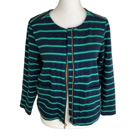 Lands’ End Nautical Blazer Zip-up Jacket Kelly Green & Navy Blue Striped Sz 10 - Picture 2 of 15